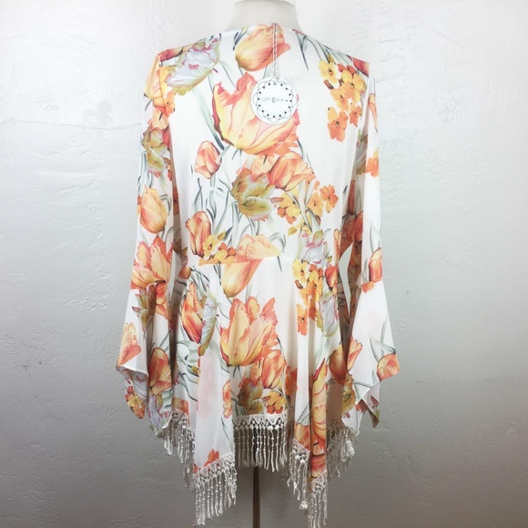 Ivory Floral Plus Size Kimono Tassel Sharkbite Hem - Picture 3 of 8